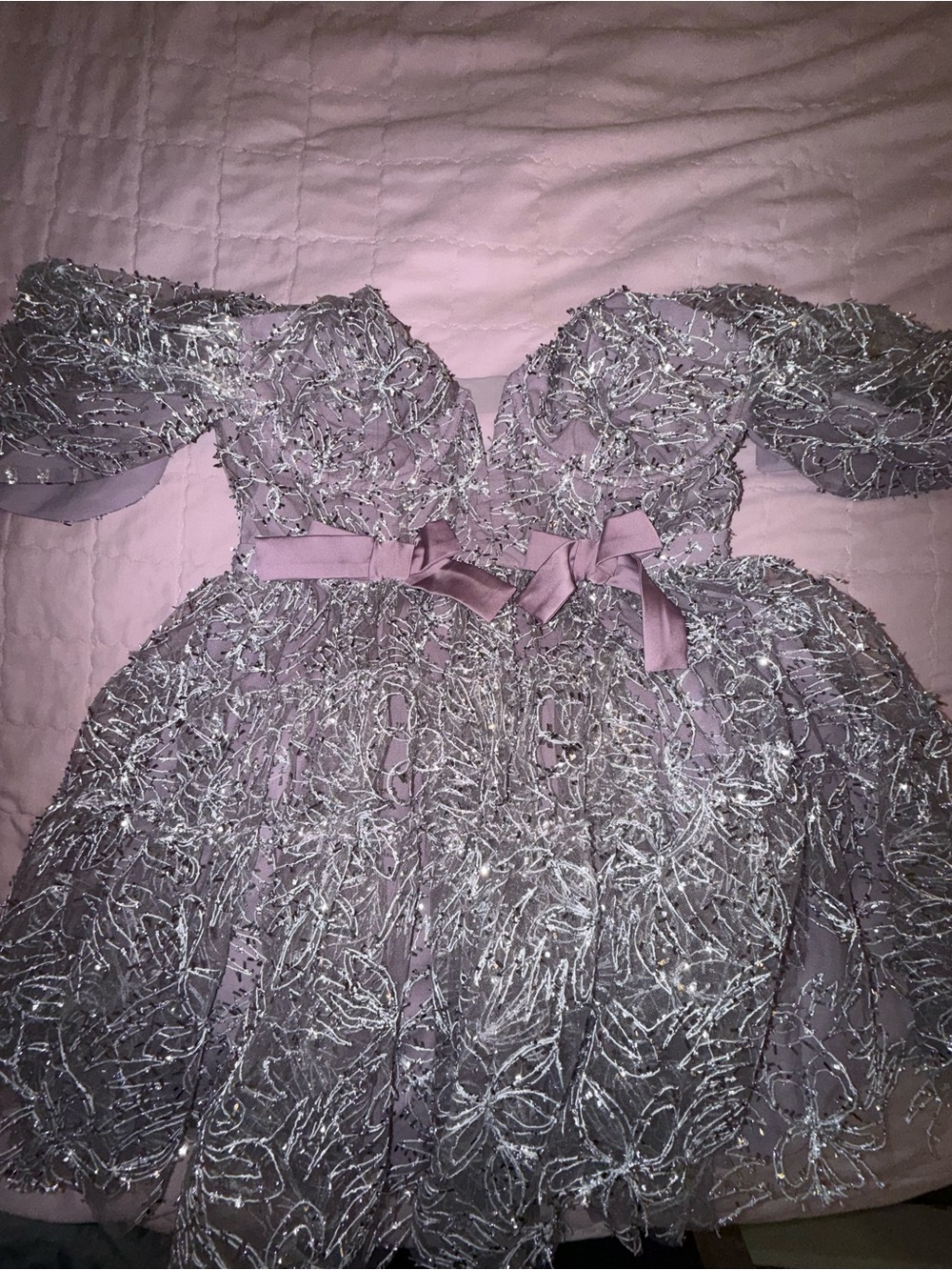 For Love And Lemons Lilac Off-Shoulder Mini Dress with Silver Embroidery